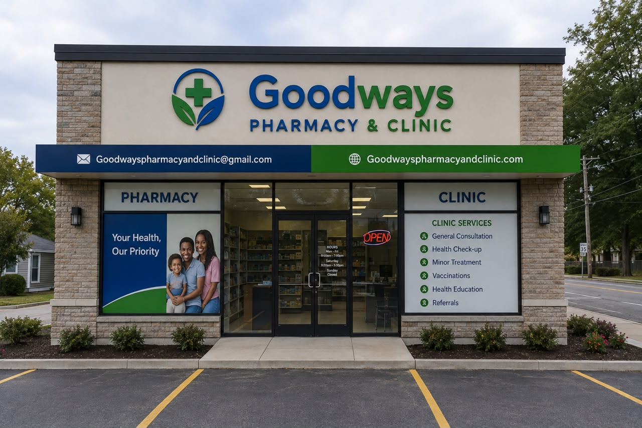 Goodways Pharmacy and Clinic storefront with pharmacy and clinic entrances