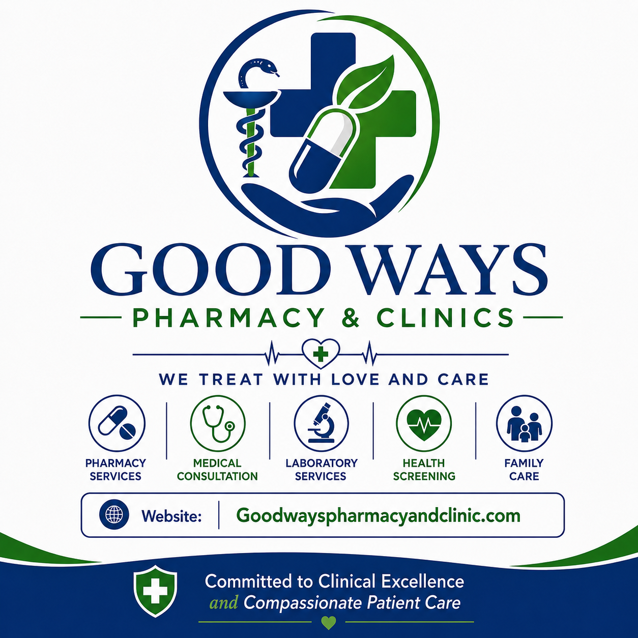 Goodways Pharmacy and Clinic brand board listing pharmacy, consultation, laboratory, screening and family care services