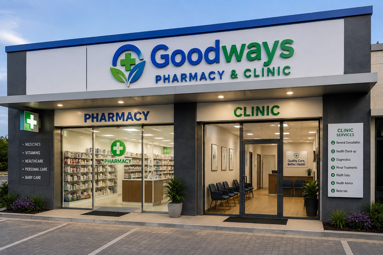 Goodways Pharmacy and Clinic storefront lit at dusk